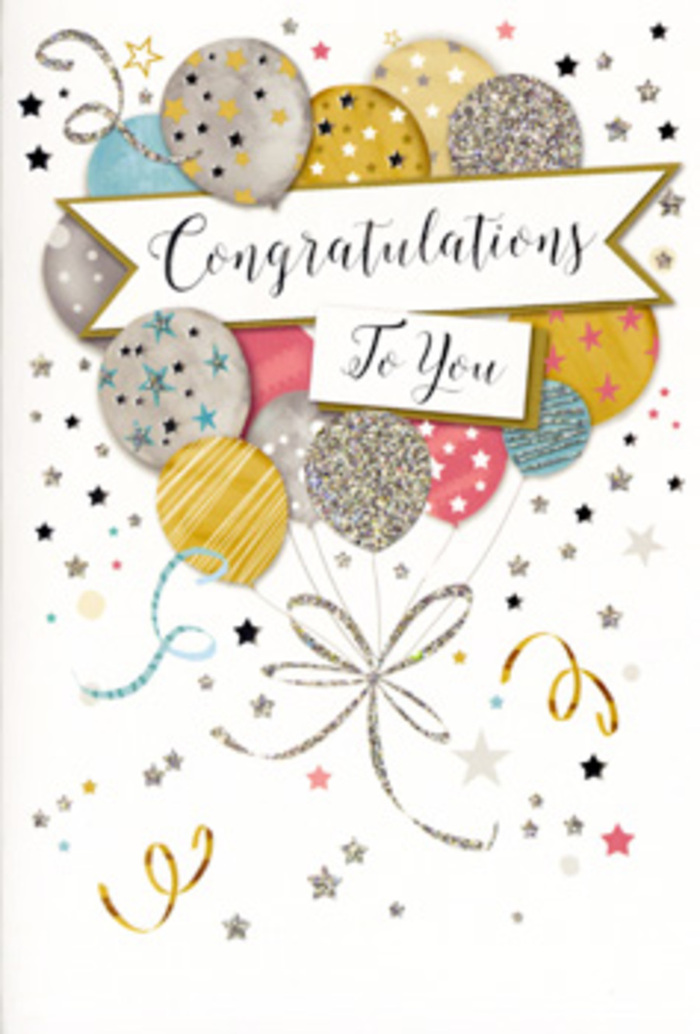 The card shown in the image is a sophisticated congratulations design that channels the feeling of a gentle Chislehurst celebration. Dominating the composition is a whimsical bouquet of illustrated balloons, rising from a loose gathering of curling metallic strings at the lower centre. The balloons overlap in a softly rounded cluster, painted in a palette of warm gold, cool silver, champagne cream, clear-sky blue, delicate rose-pink, and soft dove grey. Each balloon carries its own decorative motif-slender stripes edged in glitter, clusters of tiny stars, or confetti-like sparkles-subtle enough to keep the design refined while still suggesting a touch of glamour. These details appear slightly reflective, as though printed with metallic foil that would shimmer under gentle indoor light, not unlike the golden hour sun slipping through the trees near Scadbury Park. Cutting through the centre of the balloon cluster is a gracefully curved banner, unfurling to reveal the message Congratulations To You in flowing, classic script, the letters slightly darker and more prominent than the rest of the design. Surrounding this focal point, small gold and silver stars and swirling ribbon motifs dance against a pale, creamy backdrop, lending a sense of movement and joyful energy without overcrowding the space. The mood is balanced and calm, more about heartfelt pride and appreciation than loud party noise. As a florist working with celebrations every day, I imagine this card arriving alongside a fresh hand-tied bouquet to a home in Chislehurst, perhaps marking exam success, a new position, or a meaningful personal milestone-something to be cherished and displayed long after the flowers have faded, as a beautiful reminder of a job well done.