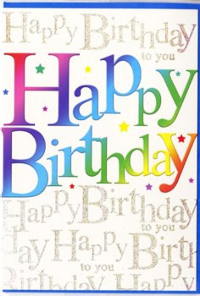 This birthday card's cover has the same inviting warmth as stepping into a cosy café off Royal Parade in Chislehurst, its colours and lettering carefully layered to create a sense of genuine, heartfelt festivity. The central feature is the phrase Happy Birthday, spelled out in generously proportioned, rounded letters that sweep across the card from edge to edge. Each letter is flooded with a lush gradient of colour, melting from intense cherry and raspberry reds into rich purples, deep ocean blues, fresh greens, and mellow, sunlit yellows. The blending is fluid and painterly, giving the impression of carefully shaded petals or ribbons, like those a florist at Chislehurst Flowers might choose for a joyful birthday bouquet. Subtle darker edging and softly suggested shadows lend the letters a slight three-dimensional feel, as though they have been raised from the surface, inviting your fingertips to trace their curves. Behind this bold rainbow message lies a finely detailed background, filled entirely with looping golden script that reads Happy Birthday to you in line after line. The script is delicate and elegant, with a metallic, almost glitter-brushed finish that suggests light playing across gold foil or tiny particles of shimmer. It feels reminiscent of the glow from fairy lights strung for a birthday dinner at home. Threaded among the golden phrases are tiny sparks of coloured dots and starlets, barely-there but enough to suggest confetti and celebratory sparkle. The overall effect is one of joyous sophistication: bright, youthful colour anchored by refined golden typography. Paired in the mind's eye with fresh flowers arranged in a clear glass vase on a Chislehurst table, this card transforms into a key part of the celebration, radiating affection and the promise of a special day.