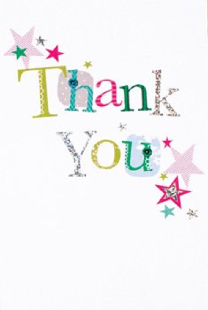 Elegant in its design yet bursting with cheerful energy, this thank you card embodies the spirit of Chislehurst with every detail. Set against a crisp white background, the phrase 'Thank You' is rendered in diverse colourful letters-some a lively grass green, others deep pink or sky blue. Each character carries its own personality-some sprinkled with tiny polka dots, others with graceful stitched flourishes and flashes of subtle silver. Clusters of small stars in shades of teal, gold, and magenta dot the card, their celebratory sparkle reminiscent of local festivities along Chislehurst High Street. The effect is airy, modern, and just a touch whimsical-a balanced tableau that neither overwhelms nor diminishes the heartfelt nature of the gesture. The tactile glitter, the thoughtful patterns, the artistry in arrangement: all signal a florist's commitment to offering something both beautiful and meaningful. Perfect to accompany a bouquet for any special moment-from anniversaries at Queens Road to thank-yous shared in the peaceful lanes of Chislehurst-the card's quiet sophistication and friendly exuberance feel rooted in the warmth of this unique community.