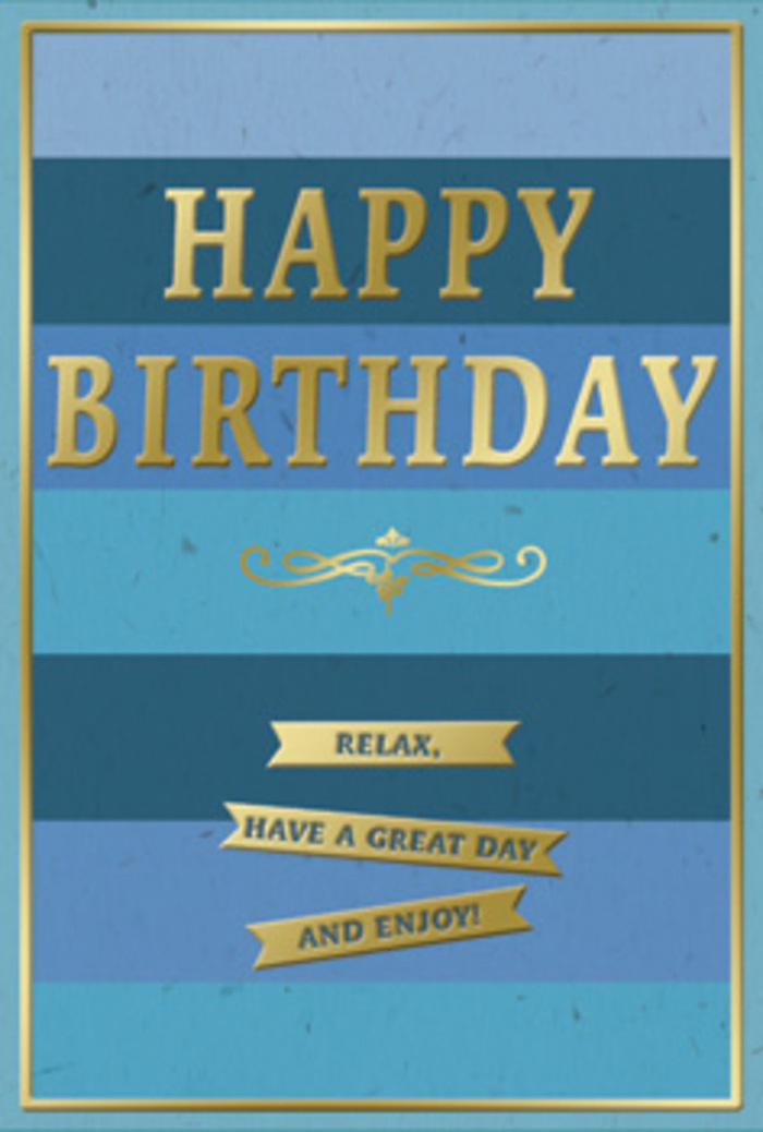 This birthday card presents a calm yet celebratory scene in blue and gold, perfectly suited to a relaxed gathering in a Chislehurst home. The background is composed of broad, horizontal stripes that move gently through a spectrum of blues. At the top edge, a deep navy stripe provides a rich, grounding base; beneath it, medium blues soften the intensity, shifting through denim and slate tones, before fading into a lighter, more open blue towards the bottom. This gradual transition creates an ombre effect that feels like watching the sky brighten over Chislehurst's tree-lined avenues. Centered within this tranquil background, the words HAPPY BIRTHDAY are rendered in embossed gold capital letters. The font is strong and classic, and the metallic finish gleams softly, catching light with each subtle angle, similar to how sunlight glints off the water at Prickend Pond. The letters are raised enough to suggest a smooth, tactile edge under a fingertip. Just below, a refined golden flourish stretches horizontally, its looping curves adding a graceful, vintage-inspired detail that hints at timeless stationery and carefully kept keepsakes. Underneath this flourish, three narrow golden banners are carefully stacked, each ribbon containing part of the message: Relax, have a great day and enjoy! The banners share the same polished gold, giving the lower portion of the card a warm, encouraging glow against the cooler blues above. A slim gold border encloses the entire design, creating a tidy frame that enhances the sense of care and craft. The card feels like an ideal companion to a bouquet from Chislehurst Flowers, ready to be placed on a sideboard or windowsill where its gentle message can be seen and felt throughout the birthday celebration.