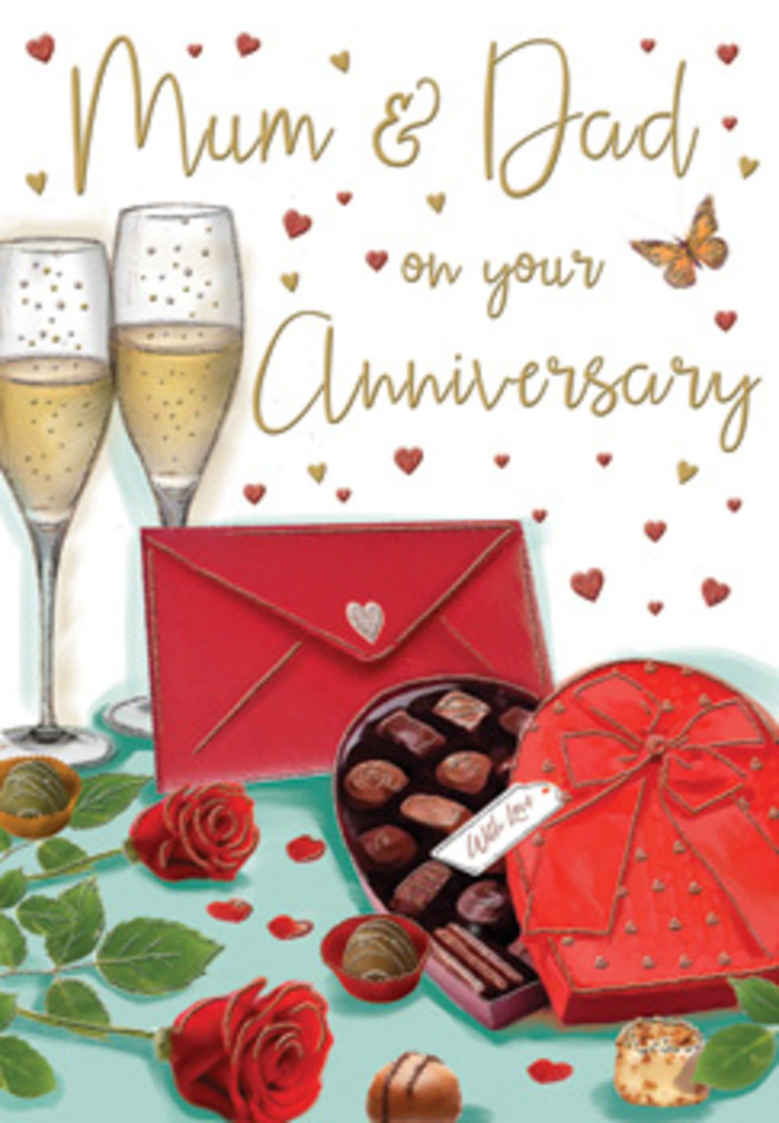 Elegant anniversary card artwork that paints a richly detailed picture of a parents' celebration, reminiscent of a romantic evening tucked away in Chislehurst's tree-lined streets. Two tall champagne flutes form the central vertical lines of the design, standing closely together on a softly textured tabletop. Their transparent glass is filled with light gold sparkling wine, and a fine spray of bubbles moves upward through each glass, giving the sense of lively effervescence and shared joy. In front of them is a heart-shaped chocolate box in deep crimson red, opened to reveal a carefully arranged selection of chocolates, each piece shaded with highlights and shadows that make them appear almost three-dimensional. A lavish red satin bow wraps around the box, its loops catching the light like gentle folds of fabric. To one side lie two red roses in full bloom, their petals richly layered, soft, and velvety, edged by glossy green leaves that recall the freshness of a hand-tied bouquet prepared for local delivery. Several individual chocolates are scattered loosely nearby, suggesting easy conversation and unhurried nibbling between sips of fizz. Across the background drift small gold and ruby hearts, together with tiny star-like glimmers that lend a festive, almost candlelit ambience to the illustration. The affectionate inscription Mum & Dad appears above in an expressive hand-lettered style, echoing the personal, heartfelt nature of the message inside. A bright scarlet envelope rests nearby, its flap neatly sealed, angled as though just set down after being written. The scene as a whole radiates comfort, romance, and gratitude-a little moment of luxury and togetherness that could easily be imagined unfolding in a cosy Chislehurst living room.