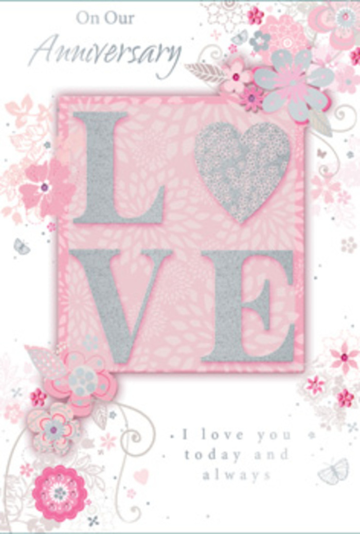 This anniversary card feels, even in a still photograph, like stepping into a sun-filled room in Chislehurst where love is quietly honoured every day. The main motif-the word LOVE-is displayed across the centre in capital letters coated with an elegant, frosted glitter. The glitter appears finely milled, blending blush pink with hints of pearlescent white and silver, so that the letters catch and scatter the light without feeling overly bold. The raised texture suggests a gentle ridge beneath the fingertips, the sort of tactile detail that invites a slow, thoughtful touch, much like cradling the stem of a favourite flower. Around the edges and along the borders of the card, wispy, hand-drawn blooms and soft sprays seem to drift like a floral haze. The flowers, leaves and curling tendrils are rendered in a delicate mix of pink, lilac and ivory, with subtle grey shadows that give each petal and leaf dimension. The linework has the fluid, slightly imperfect charm of a florist's sketch done quickly on a notepad in the back of the shop near Chislehurst Caves, capturing the essence of a bouquet before it's arranged. Fine filigree lines weave between the blossoms, and dainty leaves and almost-hidden butterflies nestle among the stems, adding a quiet sense of movement and the flutter of tender feelings. Near the lower portion of the design, the message I love you today and always appears in a graceful, understated typeface. The lettering is slender and calm, allowing the artwork to remain the primary voice while anchoring the card in heartfelt sincerity. Overall, the piece feels like a hand-tied bouquet translated into paper-delicate, quietly fragrant in spirit and full of gratitude and enduring devotion, ideal for celebrating an anniversary at home after a walk through Chislehurst's green spaces.