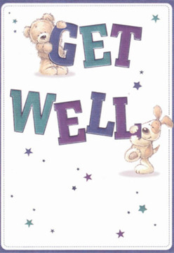 A sense of calm reassurance flows from this charming get well card, thoughtfully illustrated with a sweet teddy bear perched atop the word 'GET' and a joyful puppy closely embracing the solid 'WELL' underneath. Their features, softly sketched and full of expressive warmth, are perfectly suited to the caring spirit found from Chislehurst Commons out toward Elmstead Woods. Swirls of deep teal and purple in the bold typography reflect the uplifting colors frequently found in vibrant local bouquets, set against a crisp white background that radiates freshness-a calming quality we value each day at Chislehurst Flowers. Carefree stars, scattered in gentle blue and violet, suggest the promise that every kind wish holds, just as a bouquet carries comfort to someone resting along Bromley Road. Fuzziness in the bear's illustration and the suggestion of the puppy's velvet-like fur make the image inviting and tactile. Altogether, the artwork offers not only a heartfelt message but also the comfort and encouragement needed for any get well occasion here in the heart of Chislehurst.