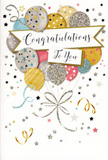 This congratulations card captures the glow of a well-earned achievement, the kind you might celebrate with loved ones around Chislehurst's leafy streets. The artwork centres on a cluster of balloons that rise in an elegant arc, their strings drawn as delicate gold and silver lines curling together at the base like finely tied ribbon on a gift box. The balloons are rendered in a soothing mix of gold, silver, champagne, sky blue, blush pink, and soft grey, creating a palette that feels luxurious yet gentle. Each balloon is finished with subtle metallic embellishments-glitter-style stripes, tiny stars, and scattered dots-that hint at sparkle, as if catching ambient light in a cosy dining room after an announcement has been made. A flowing banner crosses through the heart of the arrangement, gently carrying the words Congratulations To You in refined, graceful calligraphy that stands out against the soft background without overwhelming it. All around, petite stars and swirling streamers drift through a pale, creamy space, suggesting confetti tossed lightly into the air at the moment good news is shared. The composition feels airy and composed, like a hand-crafted bouquet where every stem has been thoughtfully placed. There's a sense of restrained festivity, perfect for marking milestones such as graduations, promotions, or new beginnings. As a local florist, I can easily see this card accompanying an elegant arrangement of seasonal flowers delivered across Chislehurst, adding that extra touch of sparkle and heartfelt admiration when you want your congratulations to feel both personal and beautifully presented.