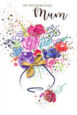 This card for Mother's Day showcases a spirited, floral watercolour that almost dances on the page, capturing the light, affectionate mood of a family celebration in Chislehurst. At its heart, generous blooms in cerise, rosy pink, and soft magenta are outlined in rich indigo, their petals curving outward as though caught in a gentle breeze. These main flowers are softened by surrounding washes of cool blue, lilac, and delicate peach, layered in translucent veils that suggest smaller blossoms and foliage without strict detail. Delicate lines and dots of shimmering gold follow the contours of select petals and stylised leaves, adding a subtle radiance reminiscent of evening sun filtering through trees along nearby woodland paths. The crisp white background frames the bouquet, where tiny hearts and spontaneous splatters of paint appear to float, like memories and laughter that linger long after a family gathering. The vase supporting the flowers is modest and gracefully sketched, tied with a neat, golden bow that hints at the practiced hands of a local florist finishing a bouquet for delivery to a doorstep off Old Hill or close to Chislehurst Station. Despite its simplicity, the vessel feels sturdy and warm, providing balance to the free-flowing arrangement above. Altogether, the image conveys tenderness and joy: colours that glow but do not shout, movement that feels gentle rather than wild. It is easy to imagine this card propped on a mantel beside fresh flowers, a lasting reminder that love and gratitude can be painted, written, and spoken, all in honour of Mum's quiet, everyday care.