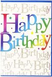 The front of this birthday card gives the impression of stepping into a lively family celebration near Chislehurst Common, its design alive with a blend of bold colour and subtle shimmer. The main Happy Birthday message stretches across the card in thick, gently rounded letters, each one bathed in a smooth gradient that moves from rich, fruity reds and deep pinks through cool blues and greens, finally softening into bright, sunny yellows. These transitions are velvety and seamless, with a touch of shading along the edges to suggest that the letters are slightly raised, like carefully embossed printing on a quality greeting card. The colours feel reminiscent of a hand-picked birthday bouquet, moving through a spectrum much like the mix of blooms chosen for a cheerful arrangement delivered to a local doorstep. Filling the background from top to bottom, delicate golden script repeats the words Happy Birthday to you, written in flowing, cursive lines that curl and loop elegantly around the main text. The gold has a soft, metallic sparkle, as if lightly dusted with fine glitter, catching an imaginary light the way decorations glint at a party table set for cake and candles. Between the strokes of script, tiny dots of colour and occasional star-like flecks appear, evoking confetti, fairy lights, or the glimmer of reflections on glass. The combination of vibrant, rainbow lettering with the refined golden backdrop creates a mood that is both playful and polished. It is the sort of card you could imagine standing proudly beside a vase of fresh flowers in a Chislehurst home, adding to the sense of occasion and making the birthday person feel genuinely celebrated.