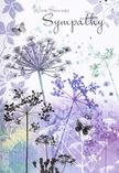 This sympathy card unfolds like a gentle visual poem, its mood as hushed and reflective as the paths winding around Chislehurst's lakes at dusk. Airy silhouettes of wildflowers stretch upwards, their slim stems topped with delicate umbel heads rendered in graceful shades of lavender, indigo and soft blue. Each cluster appears to sway lightly, giving the impression of a quiet meadow caught in a tender breeze. The background behind them is a dreamlike wash of muted purples and silvery greens, where faint impressions of additional stems and pale petals drift in and out of focus. Hand-painted butterflies hover near the blooms, their wings soft and translucent, evoking transformation, gentle presence and the sense that love lingers even when someone has gone. The colour palette is cool yet comforting, like the evening sky fading over the treetops, and it seems to quiet the mind and soothe the spirit. Across this calming backdrop, a sincere message of sympathy appears in graceful script, tying words and imagery into a single, compassionate gesture. Nothing about the design feels forced; instead, it carries the same thoughtful, understated tone that families in Chislehurst often seek when choosing funeral flowers and cards. The card acts as a respectful embrace-subtle, nature-led, and deeply considerate, ideal for accompanying a sympathy arrangement delivered to a home, service, or memorial gathering. It invites the recipient to pause, reflect and feel gently supported, long after the first rush of condolences has passed.