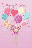 A whimsical birthday celebration is captured in this artwork, where pastel balloons and fresh flowers create a scene as charming as a quiet afternoon in Chislehurst village. The entire design rests on a soft pink background, warm and soothing, like the light at the end of a sunny day. Rising from the lower portion of the image, a cluster of balloons floats upward with joyful energy. There are round balloons in shades of blush pink, teal, lemon, and lavender, each decorated with its own cheerful pattern-candy-stripe ribbons twisting elegantly, playful polka dots scattered across the surface, and gentle swirls and florals that recall hand-drawn doodles on a beloved birthday card. A heart-shaped balloon sits near the centre, radiating affection and making the design feel personal and loving. All the balloon strings come together at a bouquet of delicate blooms that seems to hover just above the base. The flowers include small roses and anemone-like blossoms in creamy ivory, soft blush, and muted mauve, their petals layered and feathery, suggesting the cool, velvety feel of real petals between your fingertips. A violet satin bow secures the stems, its elegant loops adding a refined finishing touch, much like the care a local florist would take when preparing a birthday arrangement for delivery off the High Street. Subtle light plays across the balloons and blooms, creating gentle highlights, while tiny stars and butterflies drift around as if caught in a light breeze over Chislehurst Common. The result is an airy, sweet, and perfectly festive depiction of a birthday full of magic and heartfelt wishes.