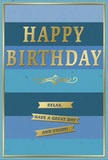 An elegant blue-and-gold birthday card sits as though waiting on a hall table in Chislehurst, ready to greet someone on their special morning. The card's surface is filled with wide horizontal stripes, each a distinct shade of blue, yet blended so smoothly that they create a soothing ombre effect. At the top, a strong navy stripe sets a confident tone, followed by bands of softer denim and teal, drifting into a pale, airy blue near the bottom that feels light and open, like the skies above Chislehurst on a clear day. In the centre of these layered tones, the greeting HAPPY BIRTHDAY is embossed in stately gold capital letters. The metallic gold has a gentle sheen, catching the light just enough to sparkle without overwhelming the rest of the design. You can imagine running a fingertip over the raised lettering, feeling where the gold rises from the velvety matte card beneath. Directly below the main words, a delicate golden flourish unfurls in intricate, symmetrical curves, lending a touch of tradition and romance, like a decorative motif carved into an old gate near the commons. Beneath this flourish, three neatly aligned golden banners carry the full sentiment: Relax, have a great day and enjoy! The ribbons echo the same warm, polished gold, their clean lines and clear text conveying warmth and reassurance. A thin gold border encircles the entire card, framing the design and giving it a finished, carefully composed look. Together, the soothing blues and celebratory gold create a mood of quiet joy, making this card a thoughtful partner to a fresh bouquet delivered anywhere around Chislehurst.