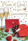 Warm, richly coloured anniversary card illustration that captures the essence of a loving toast between parents, as if set in a quiet corner of a Chislehurst home after dinner. At the heart of the artwork stand two elegant champagne flutes, slender and clear, positioned closely enough that their rims almost meet. Each glass is filled with glowing golden bubbly, with streams of tiny bubbles rising in unison, freezing the moment just before an affectionate clink. Arranged in front is an open heart-shaped box of chocolates, coloured in a deep, romantic red and tied with an opulent satin bow whose long tails sweep gracefully across the lid. Inside, neatly lined chocolates in rich cocoa tones invite the imagination of sweet, shared indulgence. Beside the box rest two red roses in full, velvety bloom, their petals layered in soft spirals and framed by lush green leaves-details that speak of a carefully chosen bouquet from a skilled local florist. A few loose chocolates are scattered on the surface, adding a relaxed, intimate note to the composition. Floating around the main scene are delicate gold and crimson hearts, along with tiny sparkles of light that suggest the gentle glow of candles or fairy lights, enhancing the romantic atmosphere. The affectionate words Mum & Dad are written above in a flowing, hand-drawn script, clearly marking this as a tribute to enduring parental love. Off to one side, a scarlet envelope lies ready, sealed and slightly tilted, hinting at a handwritten message brimming with memories and gratitude. Altogether, the illustration conveys a quiet yet joyful celebration of years shared together in Chislehurst.